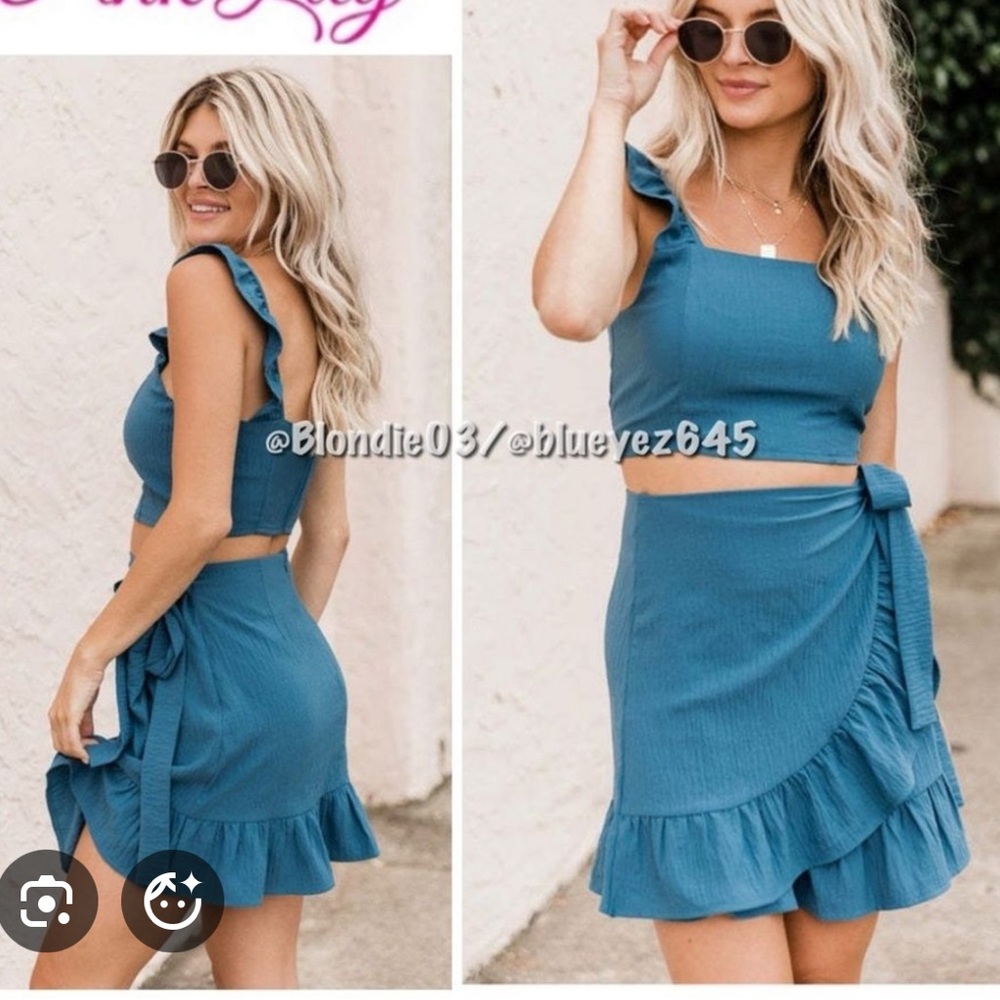 Pink Lily Meant to Be Blue Ruffle Two-Piece Set